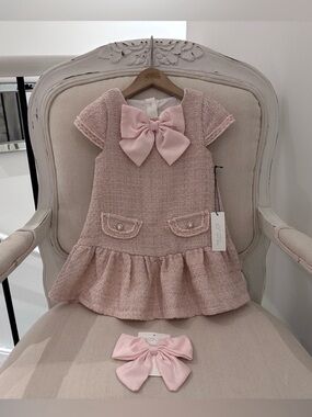 🩰 2T Dusty Rose & Pink Tweed Dress with Bow & Hair Accessory NWT *Last Set*